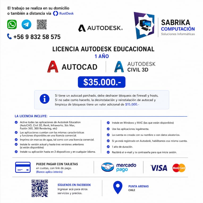 Activación de licencia Autodesk Educacional en Punta Arenas - AutoCAD y Civil 3D - Sabrika Computación