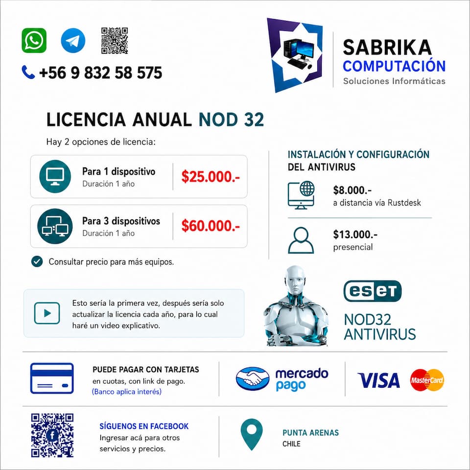 Licencia original ESET NOD32 en Punta Arenas - Antivirus para 1 o 3 dispositivos - Sabrika Computación